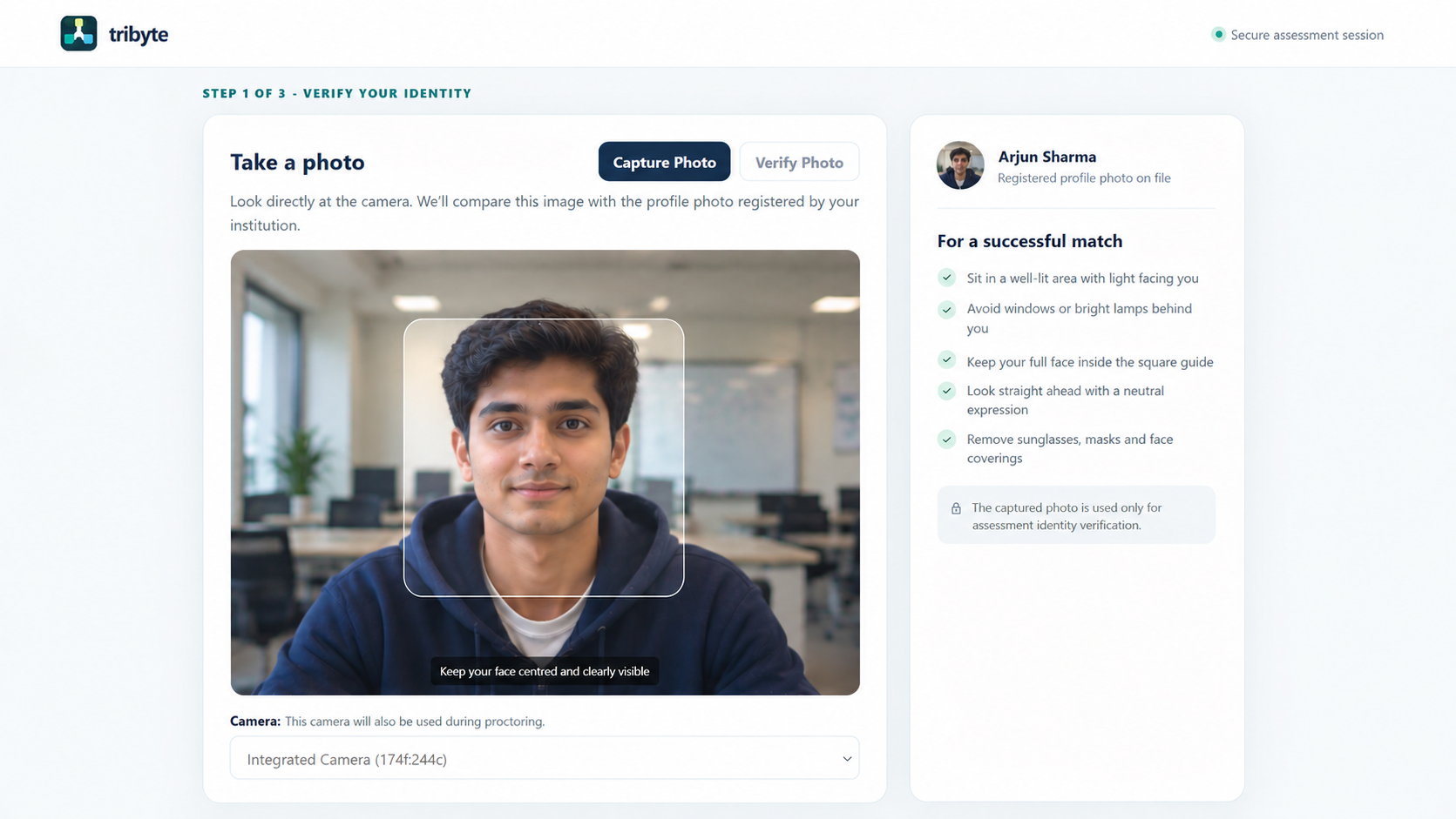 Candidate photo verification screen with camera framing and preparation guidance